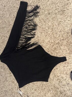 Black One-Shoulder Fringe Bodysuit